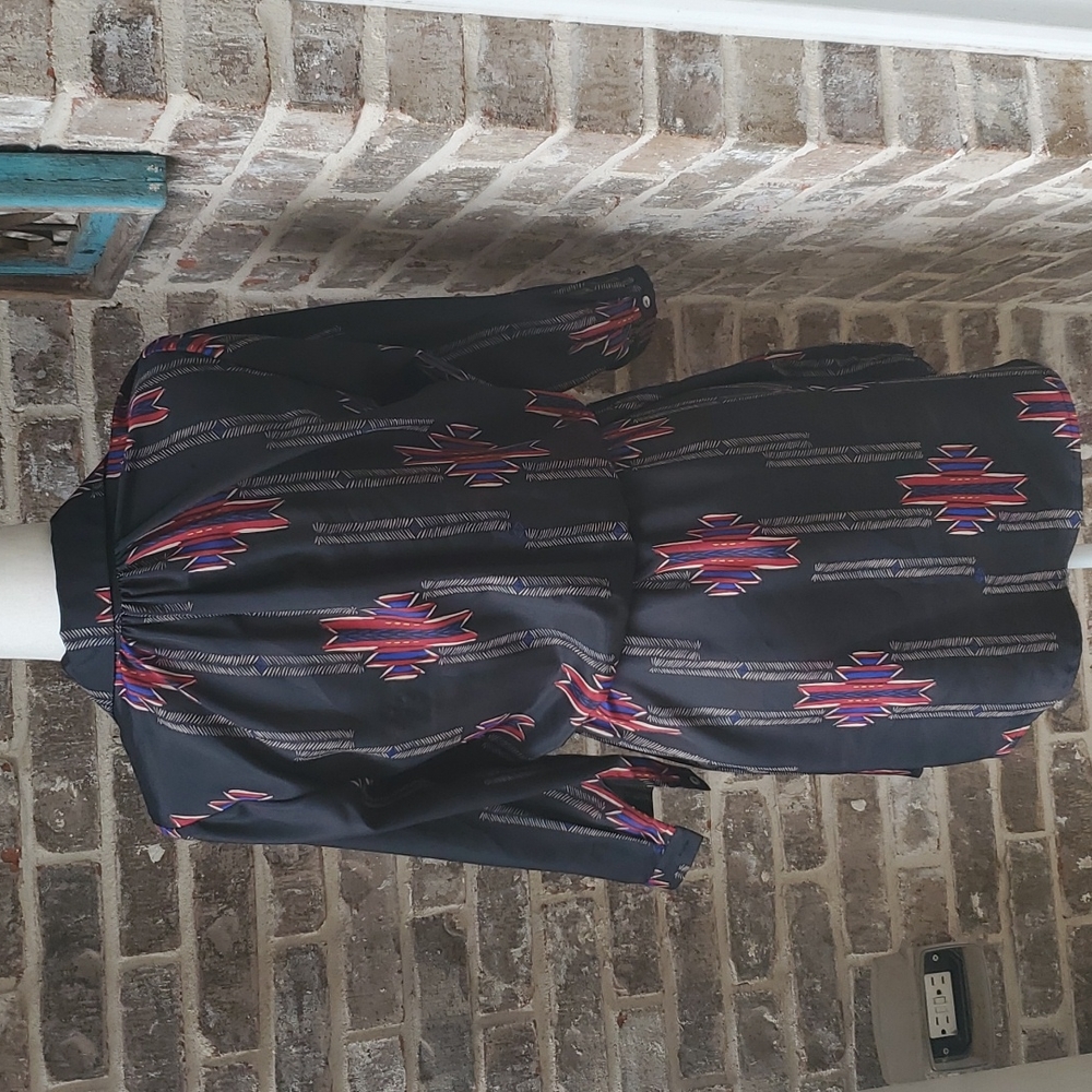 Aqua Tribal Print Waist Tie Long Sleeve Dress - Picture 3 of 5